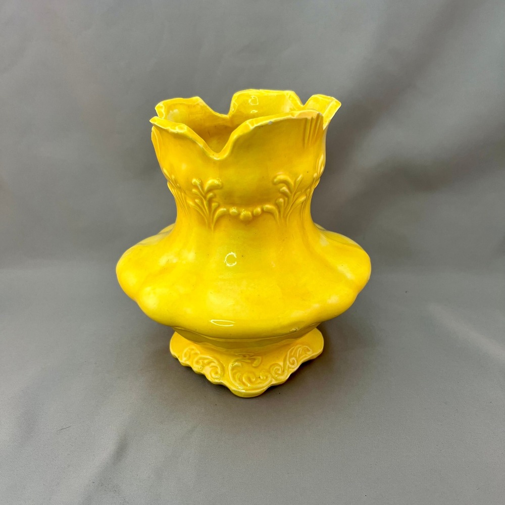 Ceramic Vase Yellow Fair Embossed Scalloped No. 62 Vintage See pics for flaws